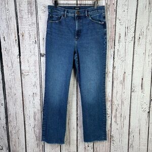 Express Modern Straight Jeans Super High Rise Size 10R Raw Hems Stretch Denim
